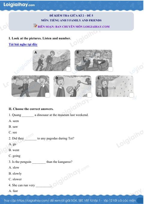 Đề thi giữa kì 2 Tiếng Anh 5 Family and Friends - Đề số 5